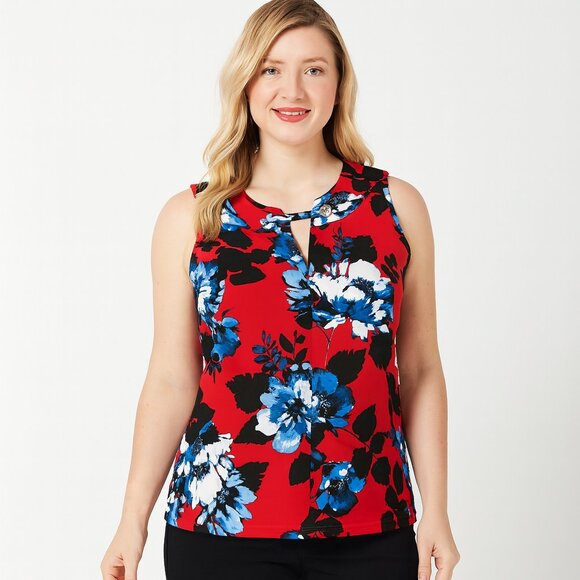 Tommy Hilfiger Red Black Blue Floral Blouse Top Women's Size Medium - Picture 1 of 6